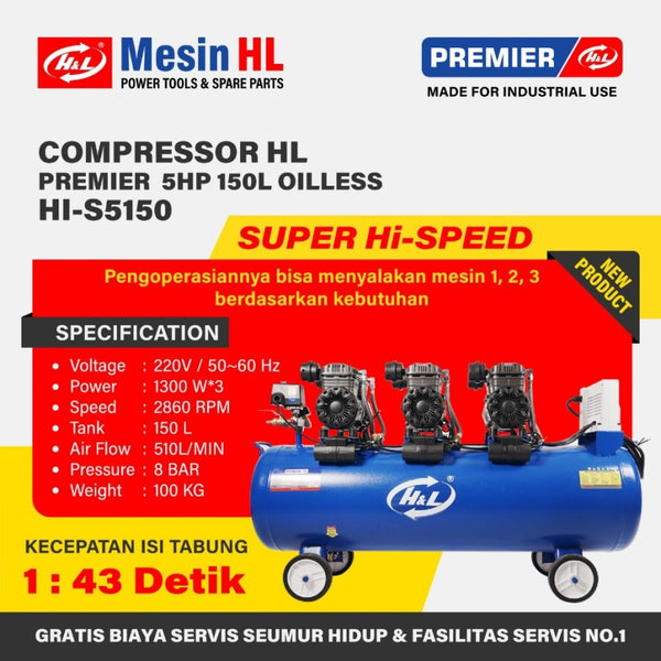 HL Premier Kompressor 5 HP 150 Liter / Compressor Oilless Jumbo 150L / 5 HP