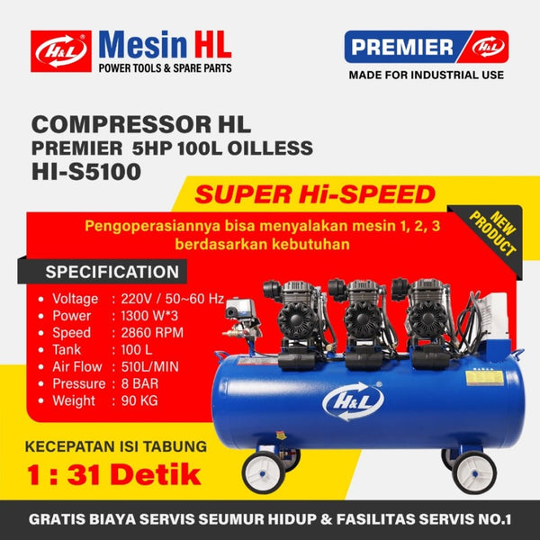 HL Premier Kompressor 5 HP 100 Liter / Compressor Oilless Jumbo 100L / 5 HP