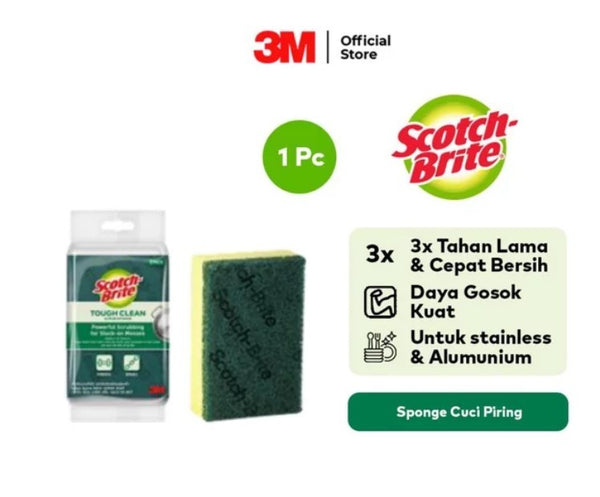 3m SCOTCH-BRITE SPONS HIJAU T-36 CUCI PIRING DAYA GOSOK KUAT BASIC SAB