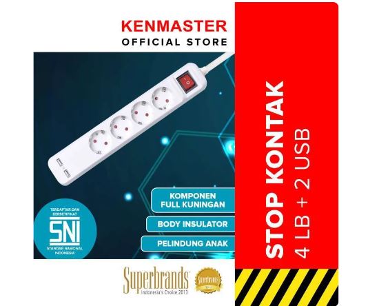 KENMASTER STKA128 Stop Kontak 4 Lubang + 2 USB SNI KUNINGAN