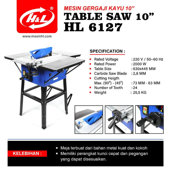 H&L Table Saw 6127 Meja Potong Kayu 10 inch Gergaji Meja Duduk Ryu