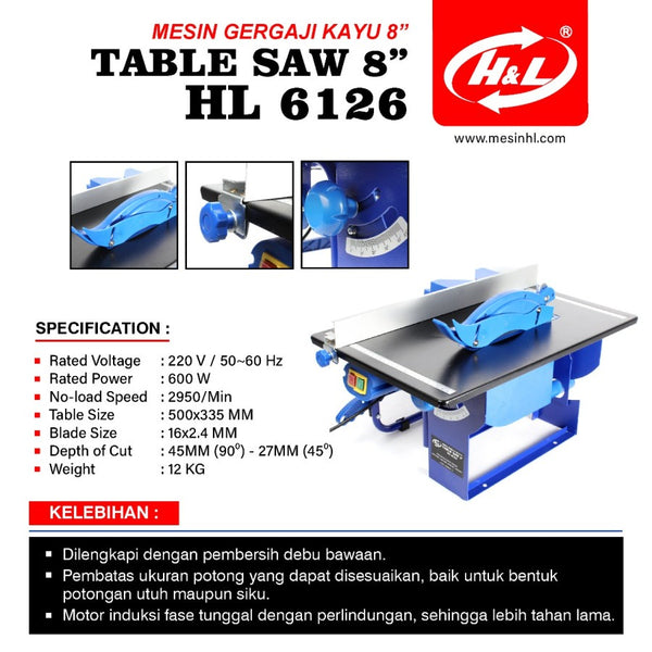 H&L Table Saw 6126 Meja Potong Kayu 8 inch Gergaji Meja Duduk Ryu