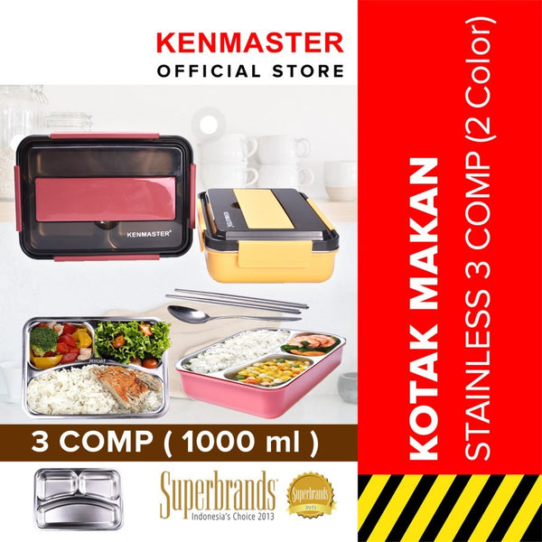 KENMASTER Kotak Makan Tempat Bekal 3 Sekat Stainless Stell Lunch Box